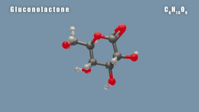 Gluconolactone of C6H10O6 3D Conformer animated render. Food additive.
Isolated background and alpha layer, seamless loop.