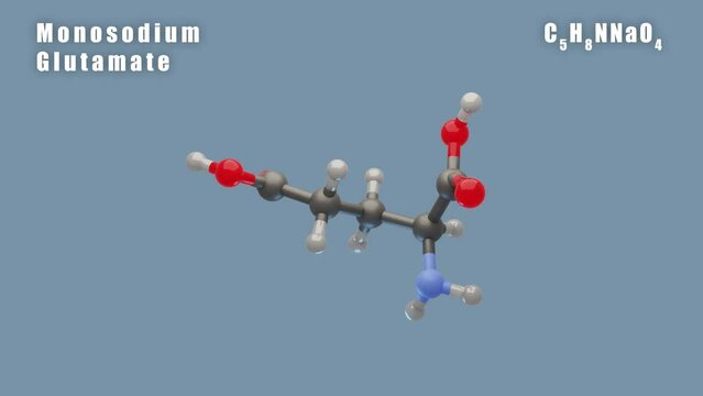 Monosodium Glutamate of C5H8NNaO4 3D Conformer animated render. Food additive E621 MSG. 

Isolated background and alpha layer, seamless loop.