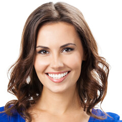 Portrait of young cheerful smiling woman, isolated over white background. Square composition image.