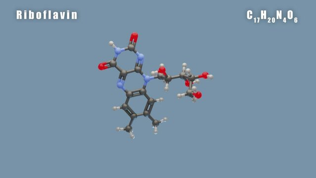 Riboflavin of C17H20N4O6 3D Conformer animated render. Food additive E101. 
Isolated background and alpha layer, seamless loop.