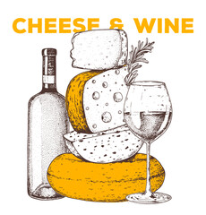 Cheese and wine sketch, hand drawn illustration. Food design template. Vector illustration with collection of cheese and wine. Engraved style image. Dairy farm products cheese.