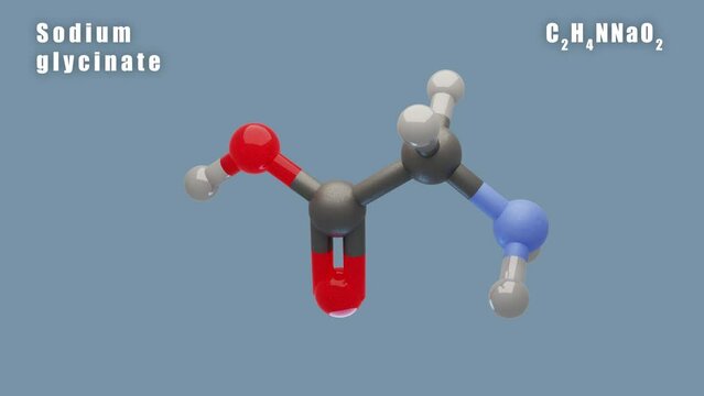 Sodium glycinate of C2H4NNaO2 3D Conformer animated render. Food additive. 

Isolated background and alpha layer, seamless loop.