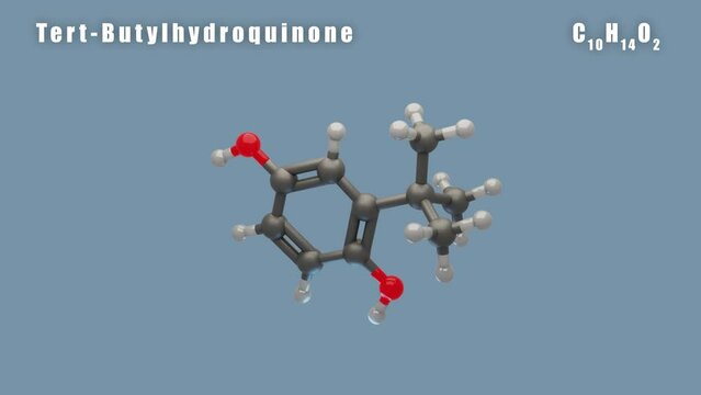 Tert-Butylhydroquinone of C10H14O2 3D Conformer animated render. Food additive E319. Isolated background and alpha layer, seamless loop.