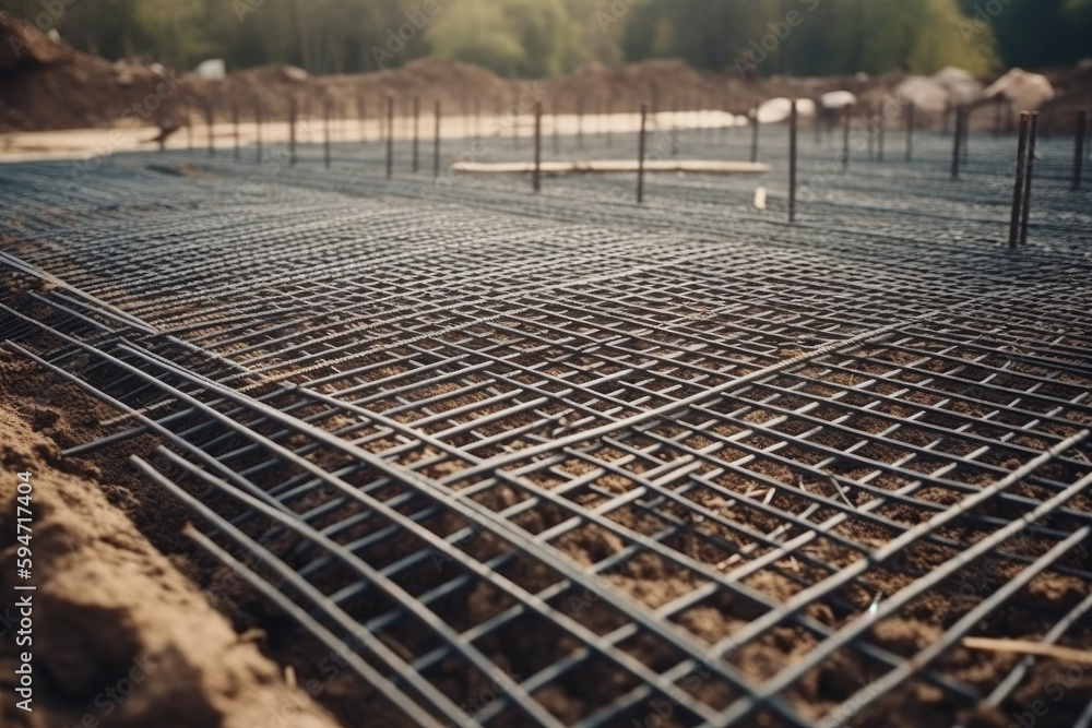 Poster reinforcement of concrete with metal rods connected by wire. preparation for pouring the foundation,