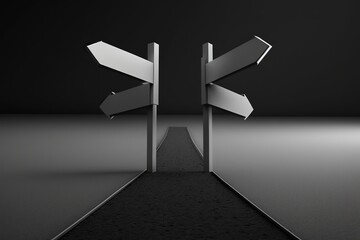 Modern illustration, a road with diverging arrows, different directions to make decisions. Ai generated.