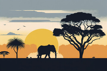 Fototapeta na wymiar Illustration of sunset in the savannah, silhouette of elephant walking through Zimbabwe. Ai generated.