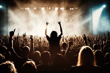 A crowd at a lively rock concert applauding the group on stage. Ai generated.