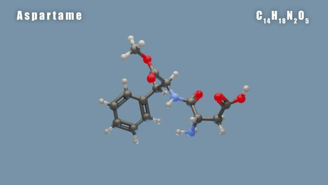 Aspartame molecule of C14H18N2O5 3D Conformer animated render. Food additive E951. Isolated background and alpha layer, seamless loop.