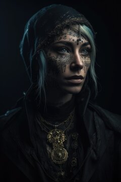 Portrait of a gothic necromancer woman with tattoos - Generative AI