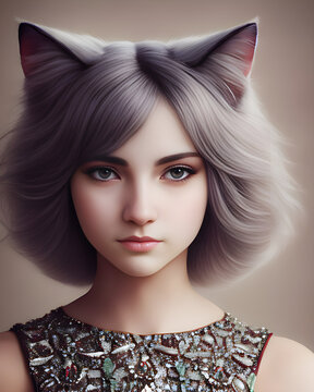 Realistic closeup portrait of an adorable catgirl with grey hair, Generative AI