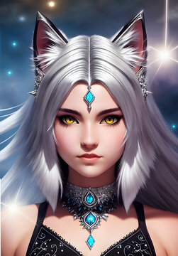 Space catgirl with stars, Generative AI