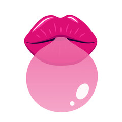 Woman red lips with chewing gum bubble. Female mouth chews bubble gum. Flat vector illustration isolated on white background.