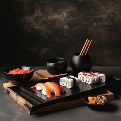 Freshly made sushi rolls isolated on a black background, perfect for food themed designs. Food poster template. Generative ai