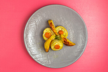 top view cooked squash slices inside grey plate on pink desk food vegetable dinner dish color