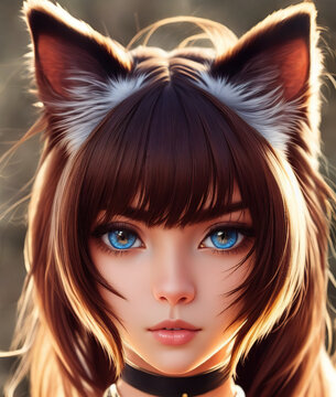 Closeup portrait of a stunning catgirl with big blue eyes, Generative AI