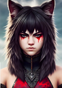 Fierce catgirl with bloody eyes, Generative AI