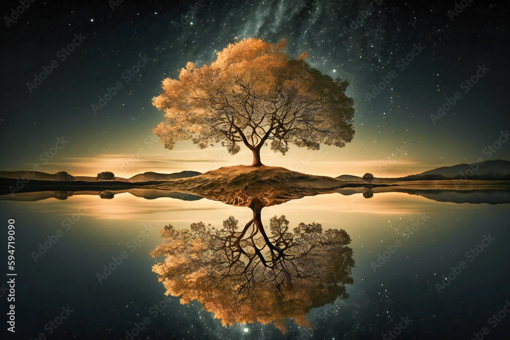 Poster illustration of a lone tree reflected in a lake in the nigh with a starry sky in background. created