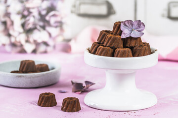 Chocolate pralines in the form of small Bundt cakes, dusted with cocoa, on light pink background, decorated with hydrangea blossom