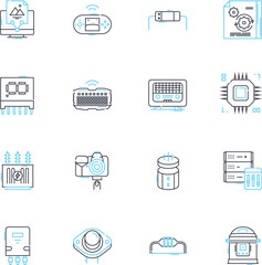 Digital instruments linear icons set. Synthesizer, Sampler, Drum machine, Sequencer, Controller, Keyboard, Modulator line vector and concept signs. Oscillator,Plugin,Virtual outline illustrations