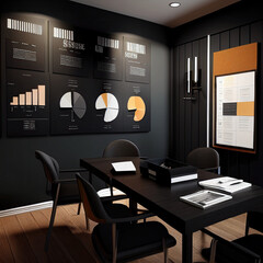 Dark business meeting room with attached infographic sheets on the wall. Generative AI