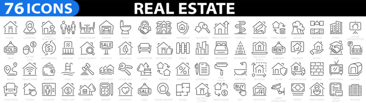Real estate 76 line icon set. House or Real estate. Included the icons as realty, property, mortgage, home loan, mortgage, address, renovation, bedroom and more. Vector illustration