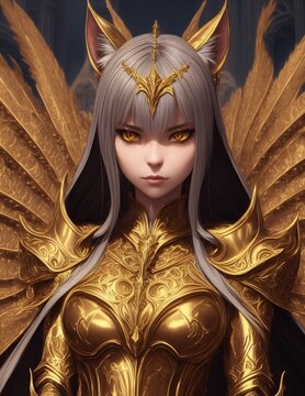 Queen catgirl in an irtrecate gold armor, Generative AI