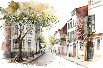 Watercolor New York streets in spring. White background , ai generative - obrazy, fototapety, plakaty