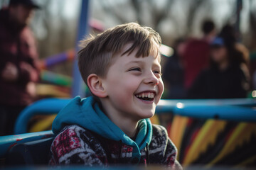 Happy child laughing and enjoying in the amusement park. Vacation. generate by ai