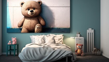 Little teady bear sitting on kids bed beside the wall. Empty space for text.