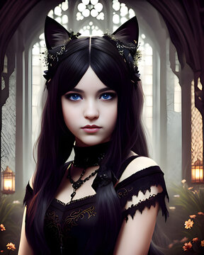 Gothic catgirl with piercing blue eyes, Generative AI