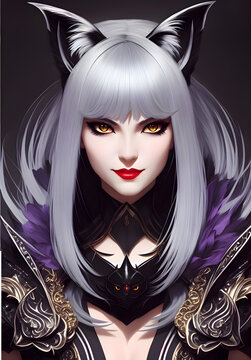 Witch catgirl with ash grey hair in an intricate outfit, Generative AI
