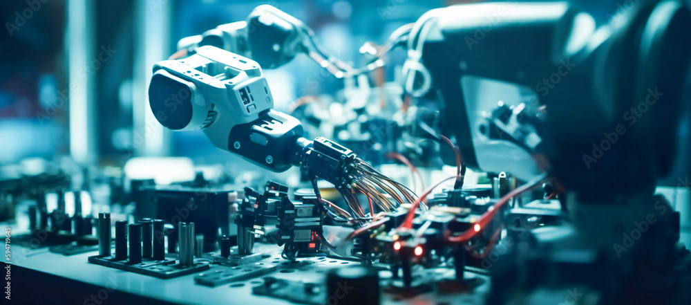 Poster generic industrial robotic gears close up. created with generative ai technology.