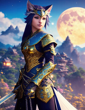 Majestic catgirl warrior on the magic city background, Generative AI