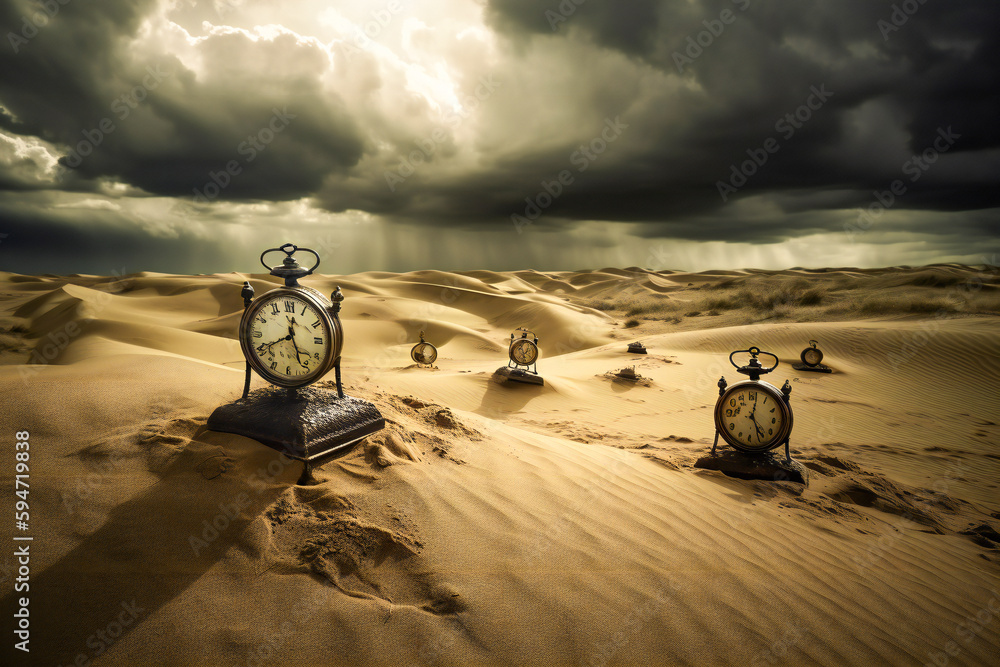 Poster old clocks on desert dunes at sunset. surreal time metaphor composition. time related concept. creat