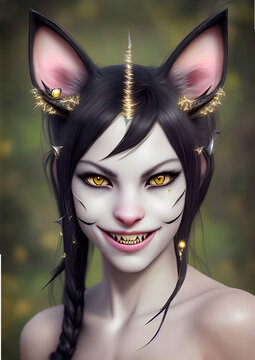 Evil demonic catgirl with sharp teeth, Generative AI