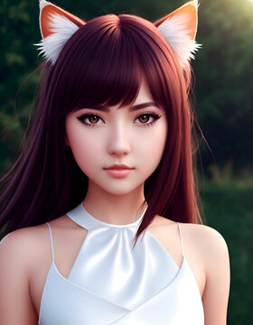 Portrait of a pretty catgirl on a nature background, Generative AI