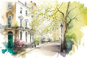 Watercolor New York streets in spring. White background , ai generative