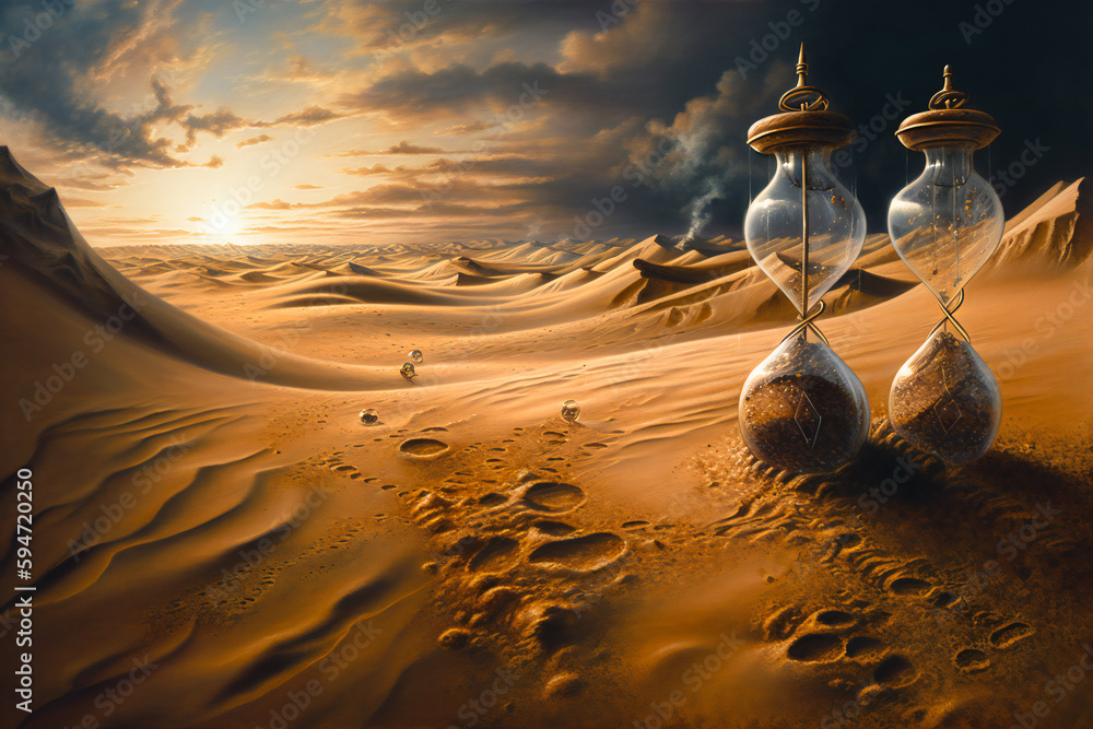 Poster old hour glasses on desert dunes at sunset. surreal time metaphor composition. time related concept.