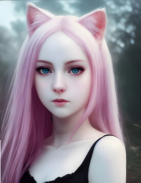Pink haired catgirl with blue eyes and pale skin, Generative AI