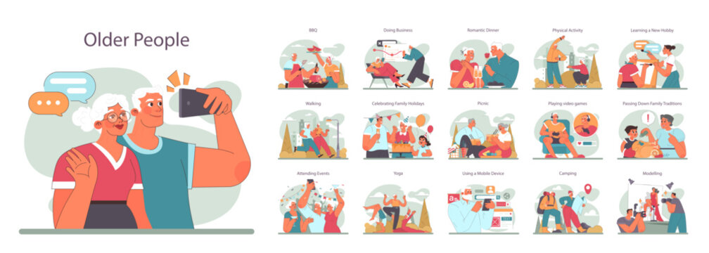 Active and happy retired people set. Senior characters having fun