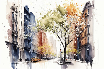 Watercolor New York streets in spring. White background , ai generative