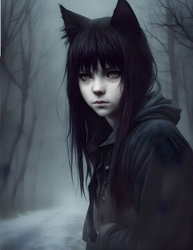 Catgirl with pale skin in a dark misty forest, Generative AI