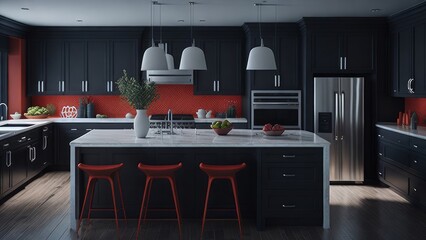 A spacious and well-lit kitchen mockup in contrasting colors