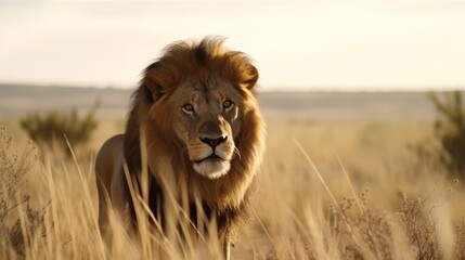 Naklejka na ściany i meble Male Lion in a cinematic savanna background with beautiful colors generative ai