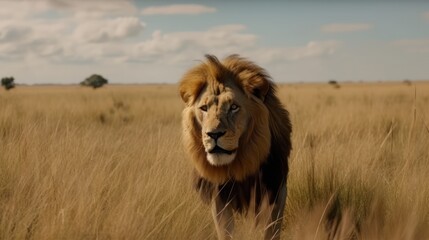 Obraz na płótnie Canvas Male Lion in a cinematic savanna background with beautiful colors generative ai