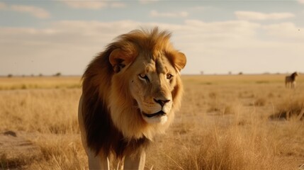 Fototapeta na wymiar Male Lion in a cinematic savanna background with beautiful colors generative ai