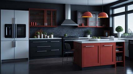 A spacious and well-lit kitchen mockup in contrasting colors