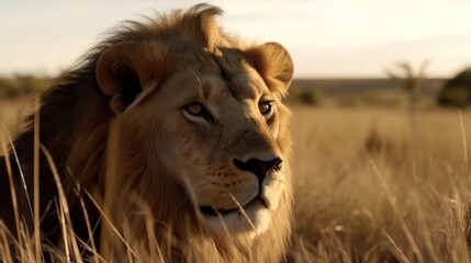 Male Lion in a cinematic savanna background with beautiful colors generative ai