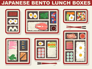 Bento top view set. Japanese lunch boxes with traditional dishes.