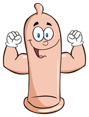 Happy Condom Cartoon Mascot Character Flexing. Hand Drawn Illustration Isolated On Transparent Background